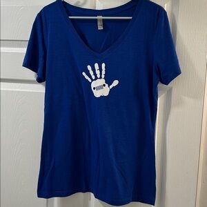 Blue V-Neck T-Shirt with White Jeep wave Handprint Design